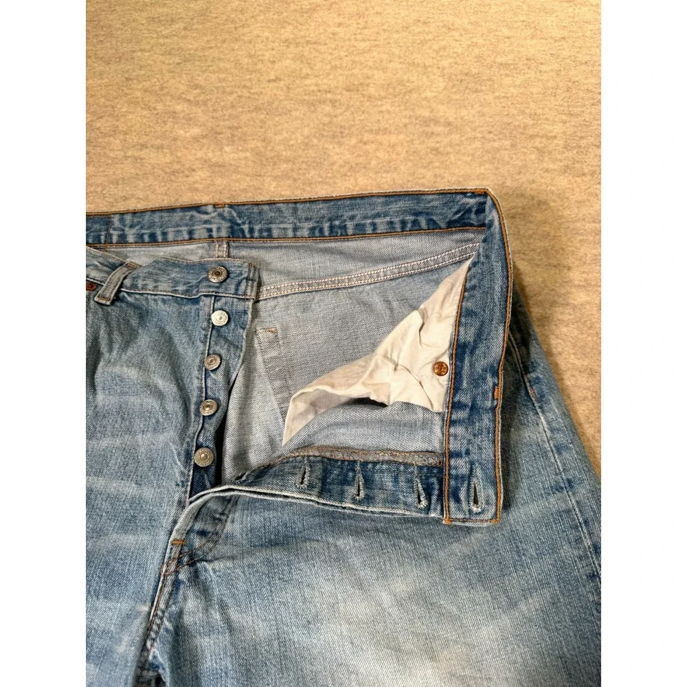 Levis 501 Original Fit Jeans Mens 38x34 Light Blue Whiskering Denim Straight Leg